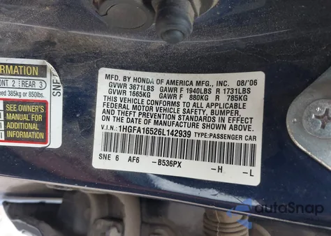 2006 Honda Civic Lx z USA, uszkodzony, nr VIN 1HGFA16526L142939